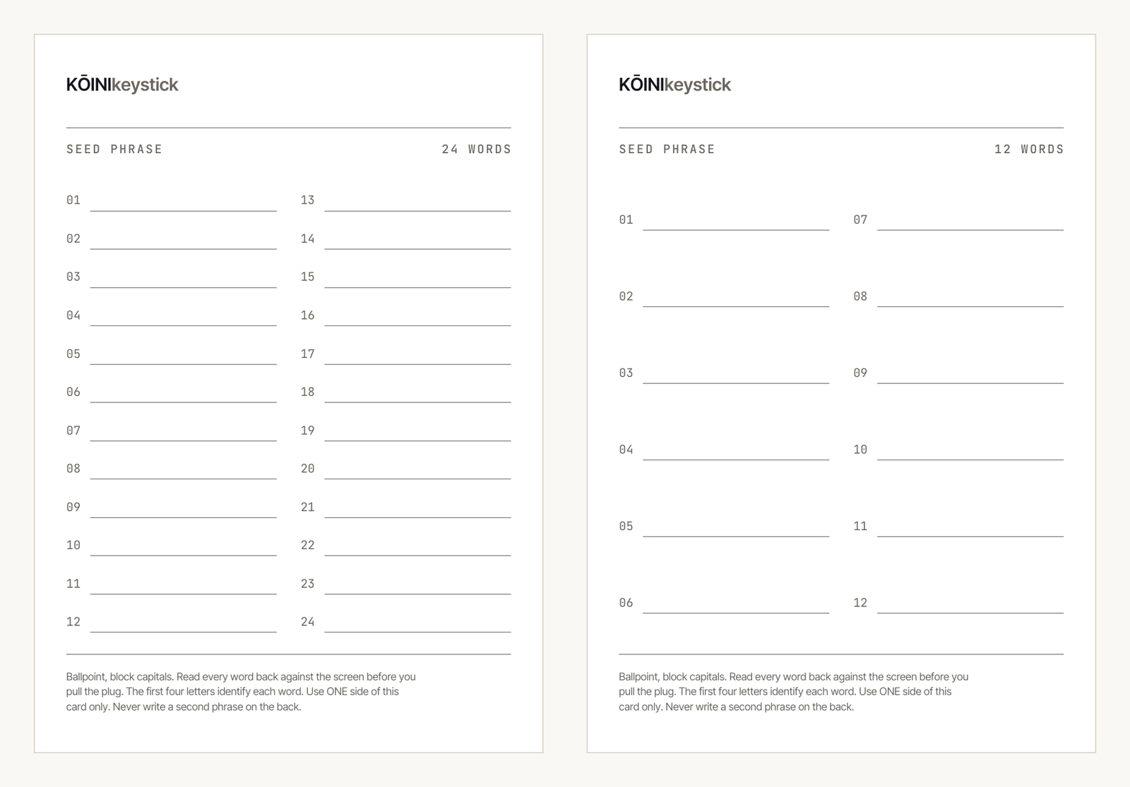 Both faces of the standard fire-resistant ceremony card: a 24-word seed phrase field on one side and a 12-word field on the other