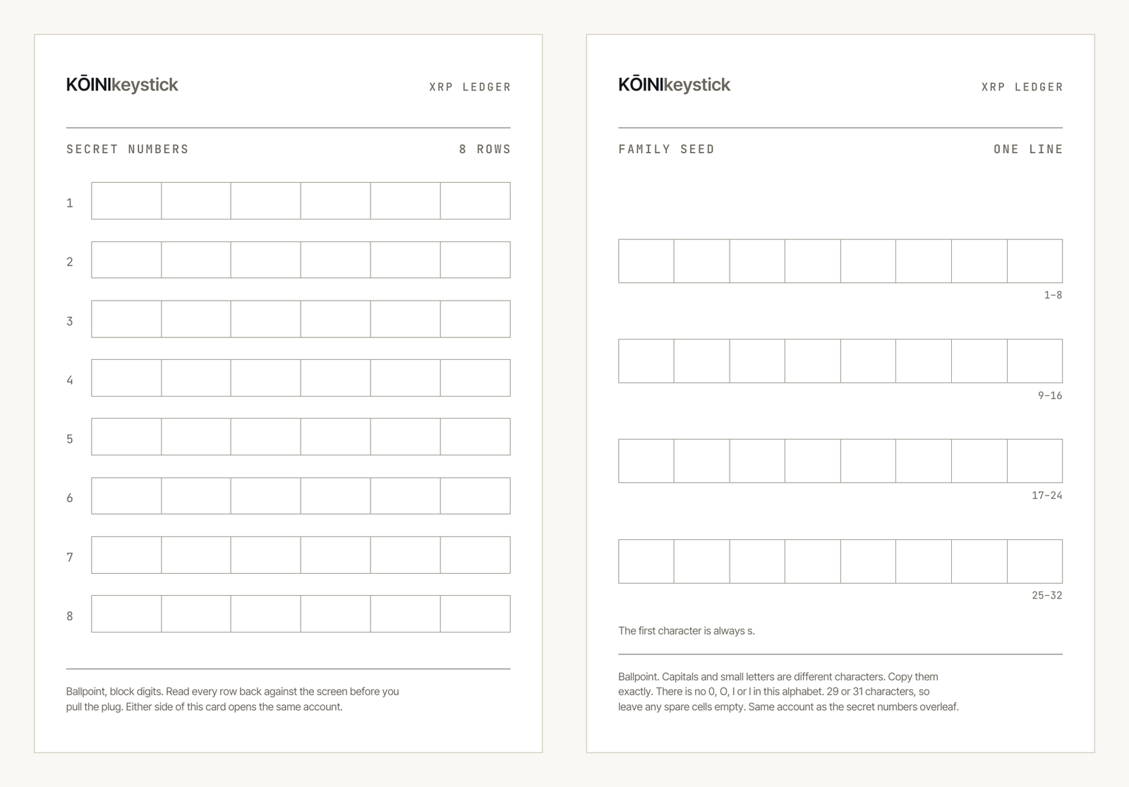 Both faces of the XRP Ledger ceremony card: eight rows of secret numbers on one side and the family seed on the other